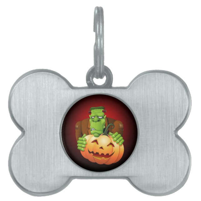Frankenstein Monster Cartoon with Pumpkin Pet Name Tag (Front)