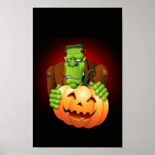 Frankenstein Monster Cartoon with Pumpkin Poster