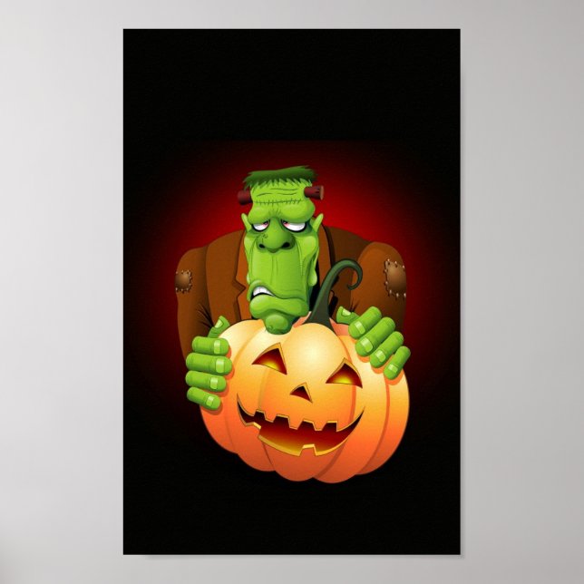 Frankenstein Monster Cartoon with Pumpkin Poster (Front)