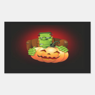 Frankenstein Monster Cartoon with Pumpkin Rectangular Sticker