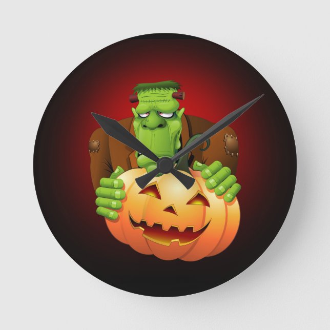 Frankenstein Monster Cartoon with Pumpkin Round Clock (Front)