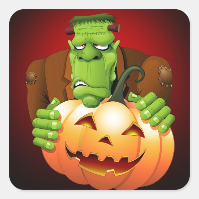 Frankenstein Monster Cartoon with Pumpkin Square Sticker (Front)