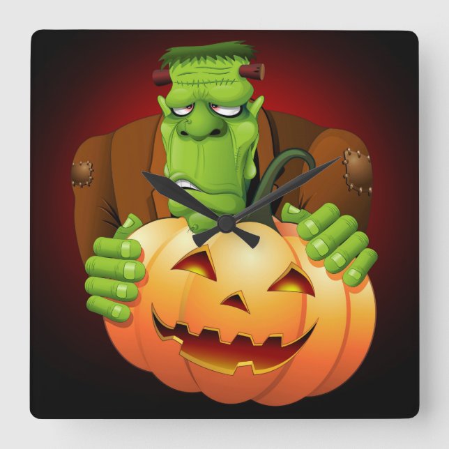 Frankenstein Monster Cartoon with Pumpkin Square Wall Clock (Front)