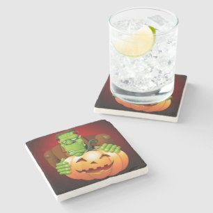 Frankenstein Monster Cartoon with Pumpkin Stone Coaster