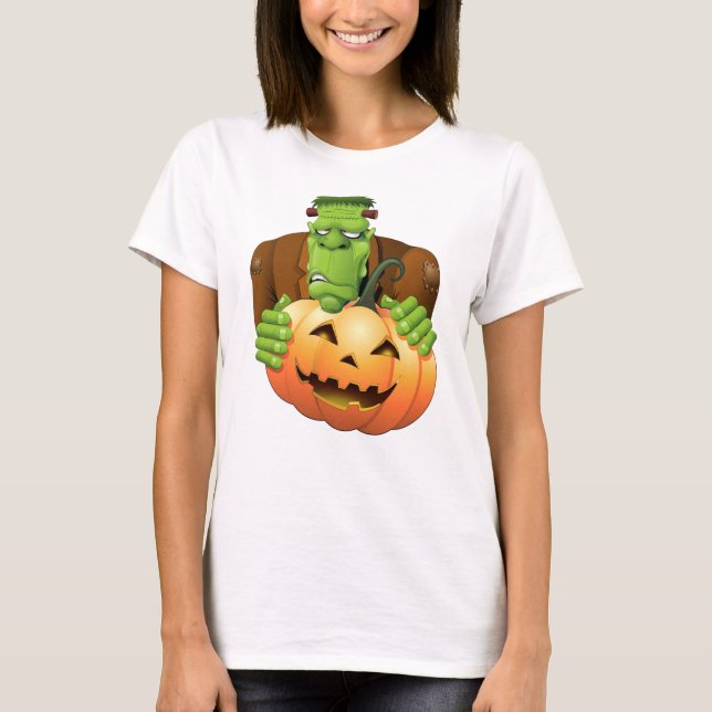 Frankenstein Monster Cartoon with Pumpkin T-Shirt (Front)