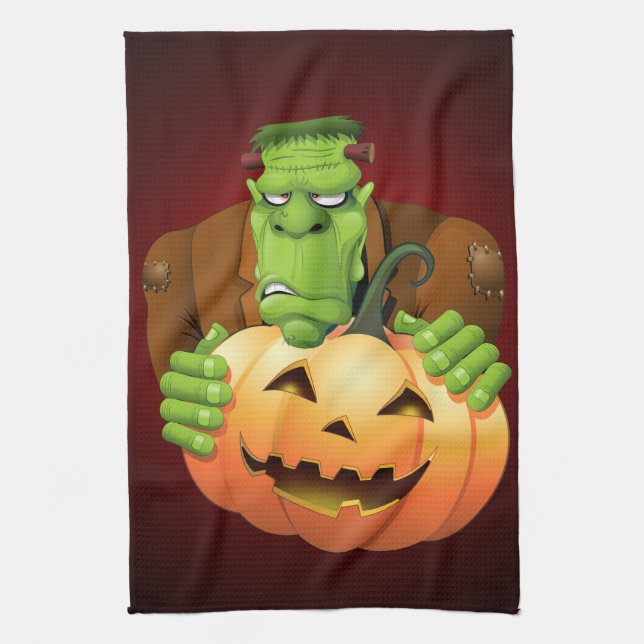 Frankenstein Monster Cartoon with Pumpkin Tea Towel (Vertical)