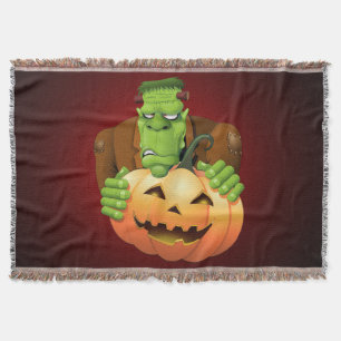 Frankenstein Monster Cartoon with Pumpkin Throw Blanket