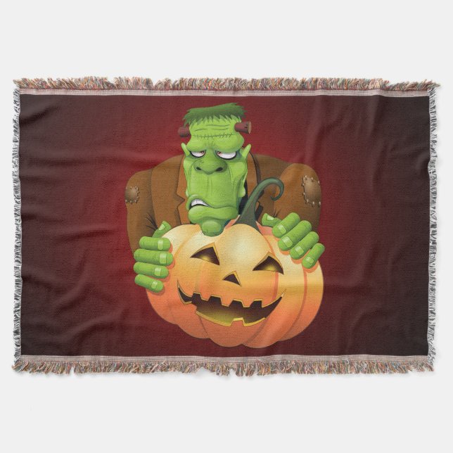 Frankenstein Monster Cartoon with Pumpkin Throw Blanket (Front)