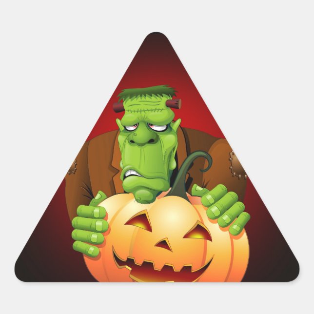 Frankenstein Monster Cartoon with Pumpkin Triangle Sticker (Front)
