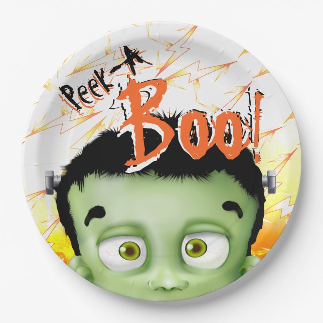 Frankenstein Monster Peek A Boo Birthday Party Paper Plate (Front)