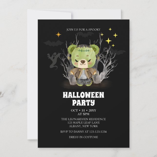 Frankenstein Monster Spooky Bear Halloween Party Invitation (Front)