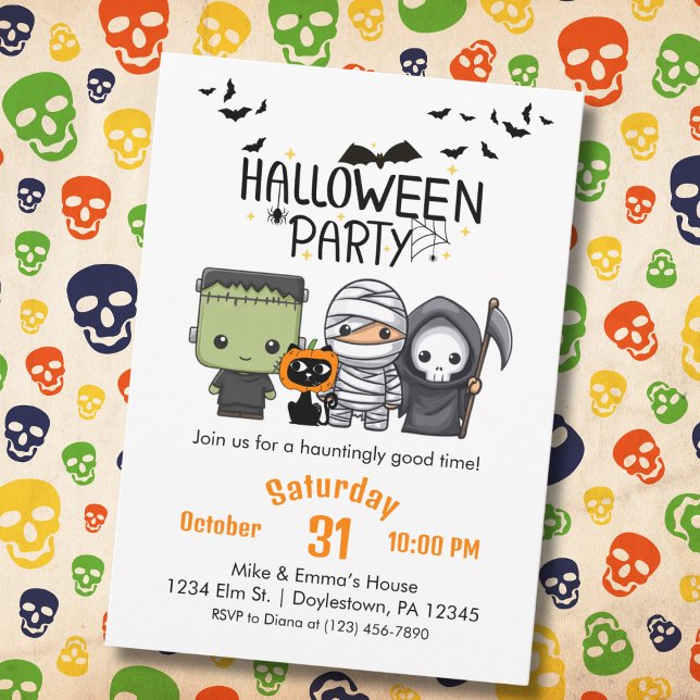 Frankenstein Mummy Grim Reaper Cute Cat Halloween Invitation (Creator Uploaded)