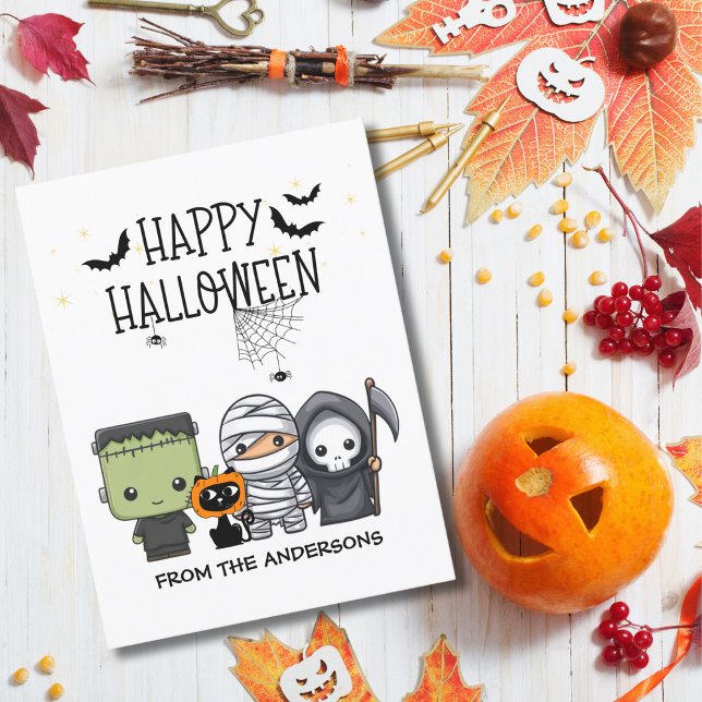 Frankenstein Mummy Grim Reaper Cute Cat Halloween Postcard (Creator Uploaded)