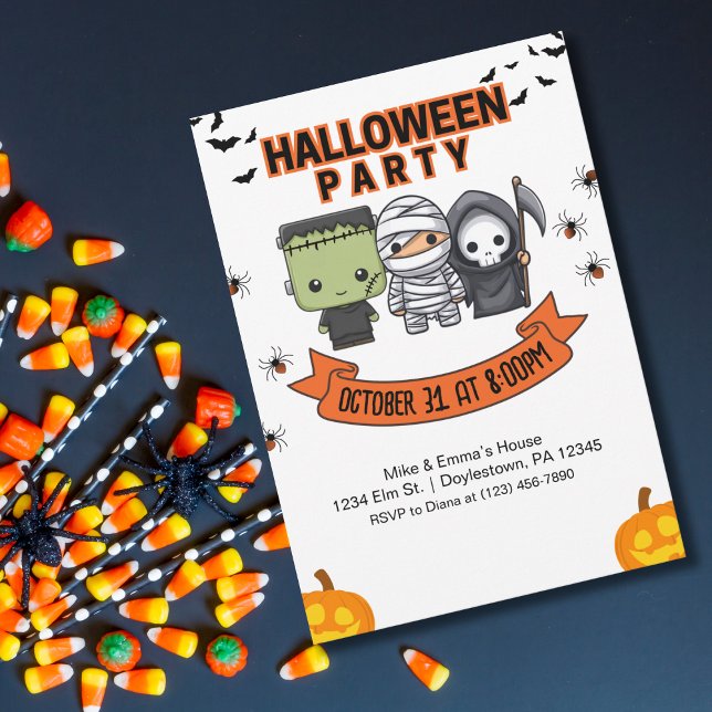 Frankenstein Mummy Grim Reaper Cute Halloween Invitation (Creator Uploaded)