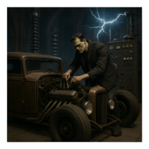 Frankenstein Working on Hot Rod Poster