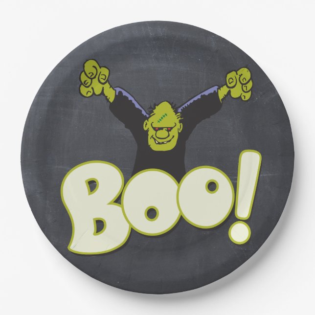 Frankie Monster Frankenstein Halloween Black Chalk Paper Plate (Front)