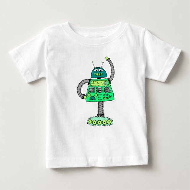 Frankie robot, green on white baby T-Shirt (Front)