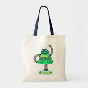 Frankie robot, green on white tote bag