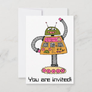 Frankie robot, orange on white invitation