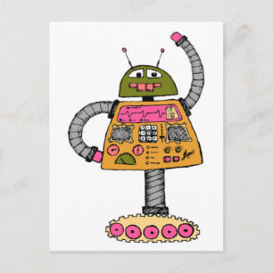 Frankie robot, orange on white postcard