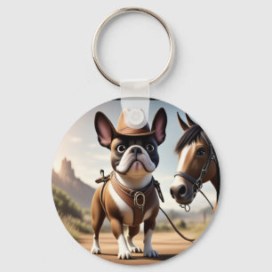 Französische Bulldogge Cowboy mit Pferd Key Ring