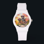 Französische Bulldogge Fahrrad French Bulldog Watch<br><div class="desc">Niedliche französische Bulldogge sitzt auf seinem roten Fahrrad mit einem großen Korb voller bunten Blumen. Der lustige French Bulldog hat es sich hübsch gemacht mit einer netten Kappe. Tolles Hundemotiv mit einem kleinen Frenchie der in den Sonnenuntergang fährt. Jetzt ist Frühling und bald Valentinstag.</div>