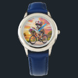 Französische Bulldogge Fahrrad French Bulldog Watch<br><div class="desc">Niedliche französische Bulldogge sitzt auf seinem roten Fahrrad mit einem großen Korb voller bunten Blumen. Der lustige French Bulldog hat es sich hübsch gemacht mit einer netten Kappe. Tolles Hundemotiv mit einem kleinen Frenchie der in den Sonnenuntergang fährt. Jetzt ist Frühling und bald Valentinstag.</div>