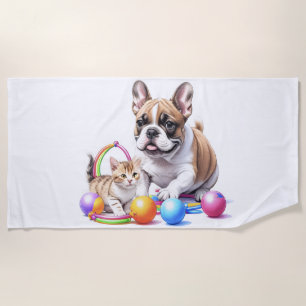 Französische Bulldogge French Bulldog mit Katze Beach Towel