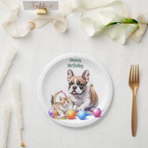 Französische Bulldogge French Bulldog mit Katze Paper Plate