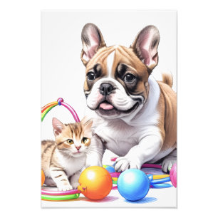 Französische Bulldogge French Bulldog mit Katze Photo Print