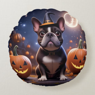 französische Bulldogge Halloween mit Kürbis Round Cushion