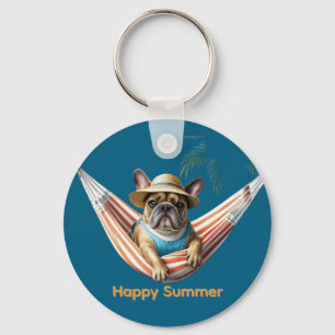französische Bulldogge Happy Summer auf Hängematte Key Ring