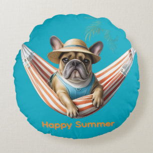 französische Bulldogge Happy Summer auf Hängematte Round Cushion