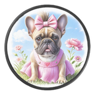 Französische Bulldogge Hündin mit Haarschleife Hockey Puck