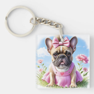 Französische Bulldogge Hündin mit Haarschleife Key Ring