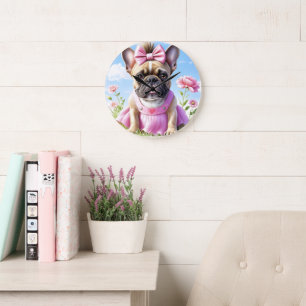 Französische Bulldogge Hündin mit Haarschleife Large Clock