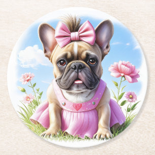 Französische Bulldogge Hündin mit Haarschleife Round Paper Coaster