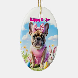 Französische Bulldogge Hündin mit Osterhase Ceramic Ornament
