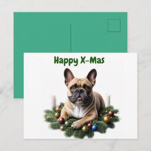 Französische Bulldogge im Adventskranz Holiday Postcard
