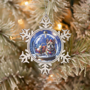 Französische Bulldogge in Weihnachtskugel Snowflake Pewter Christmas Ornament