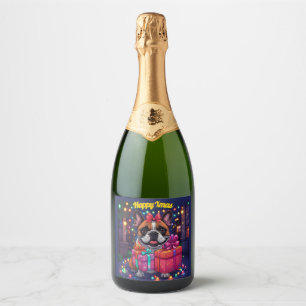 Französische Bulldogge Lichterkette Weihnachten Sparkling Wine Label