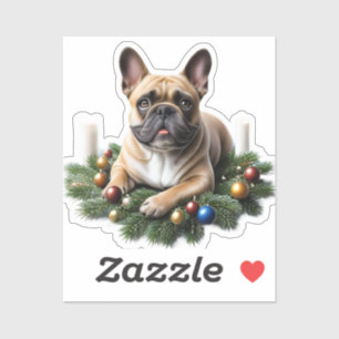 Französische Bulldogge liegt im Adventkranz