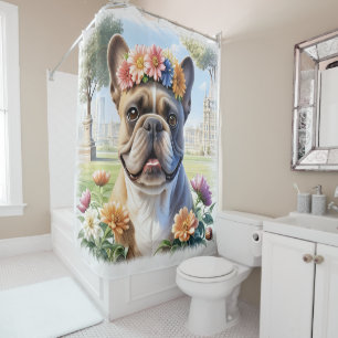 Französische Bulldogge mit Blumenkranz Shower Curtain