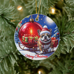 Französische Bulldogge mit Christbaumkugel Ceramic Ornament