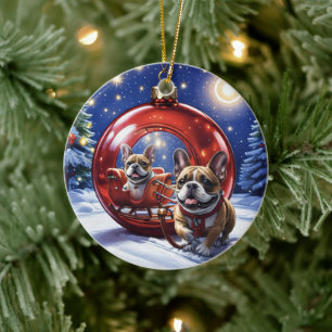 Französische Bulldogge mit Christbaumkugel Ceramic Ornament