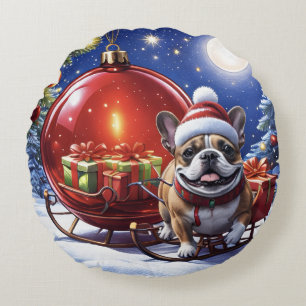 Französische Bulldogge mit Christbaumkugel Round Cushion