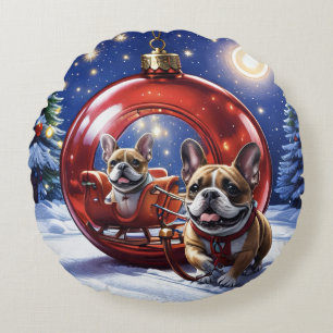 Französische Bulldogge mit Christbaumkugel Round Cushion