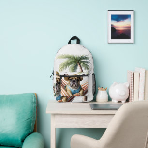 französische Bulldogge mit Palmen auf Hängematte Printed Backpack