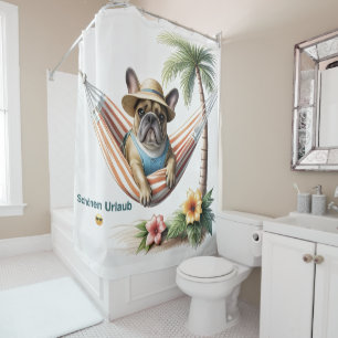 französische Bulldogge mit Palmen auf Hängematte Shower Curtain