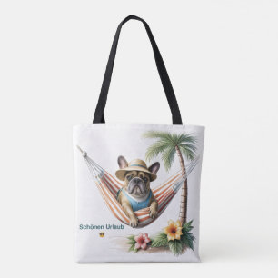 französische Bulldogge mit Palmen auf Hängematte Tote Bag
